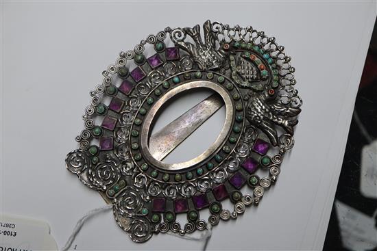 Three Mexican sterling 925, amethyst and turquoise set photograph frames, largest 12.4cm.